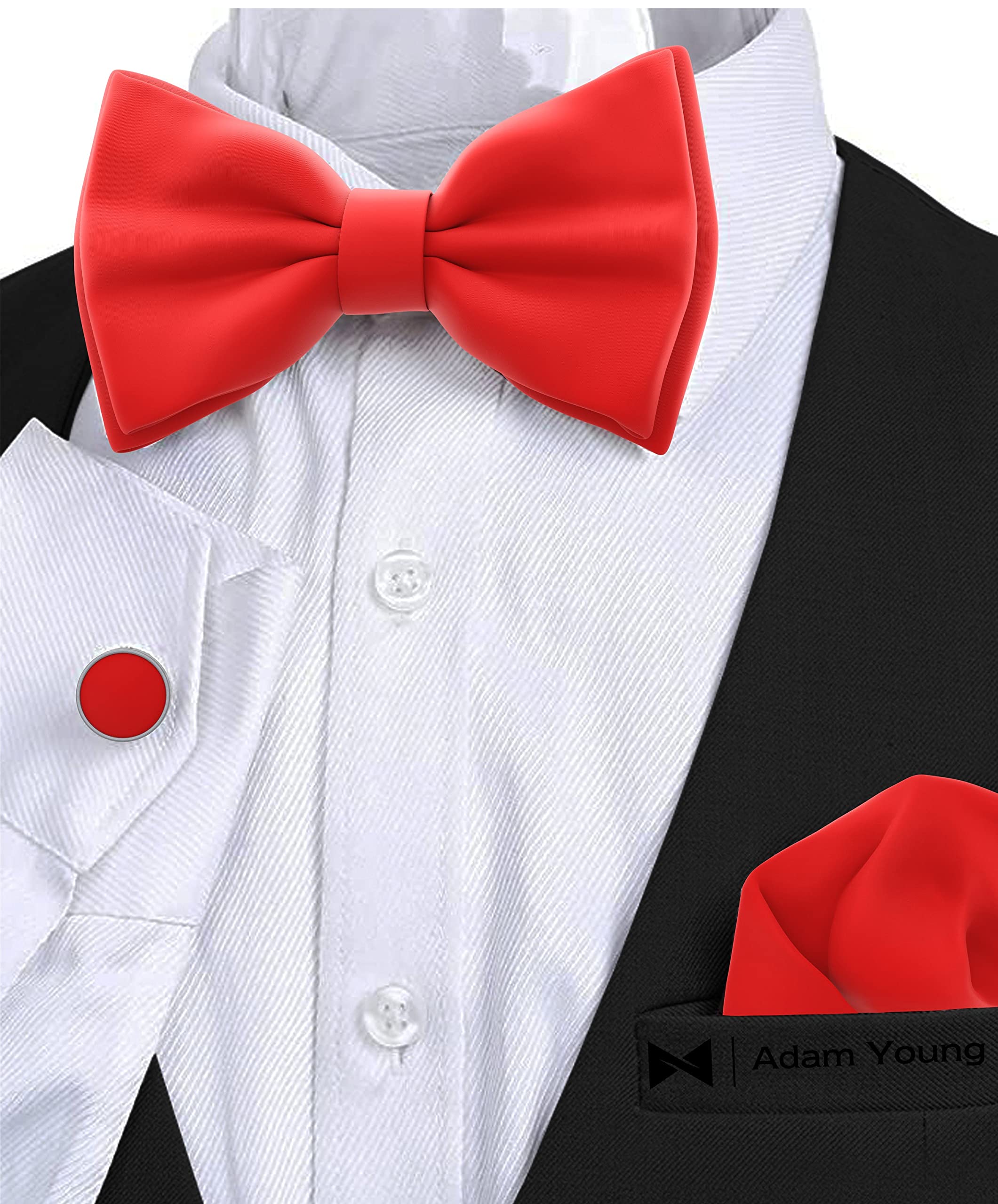 Adam Young Men's Bow Ties with Handkerchief & Cufflinks Pre-Tied Style Formal Satin Classic Bowtie for Tuxedo Faux Silk - Image 4