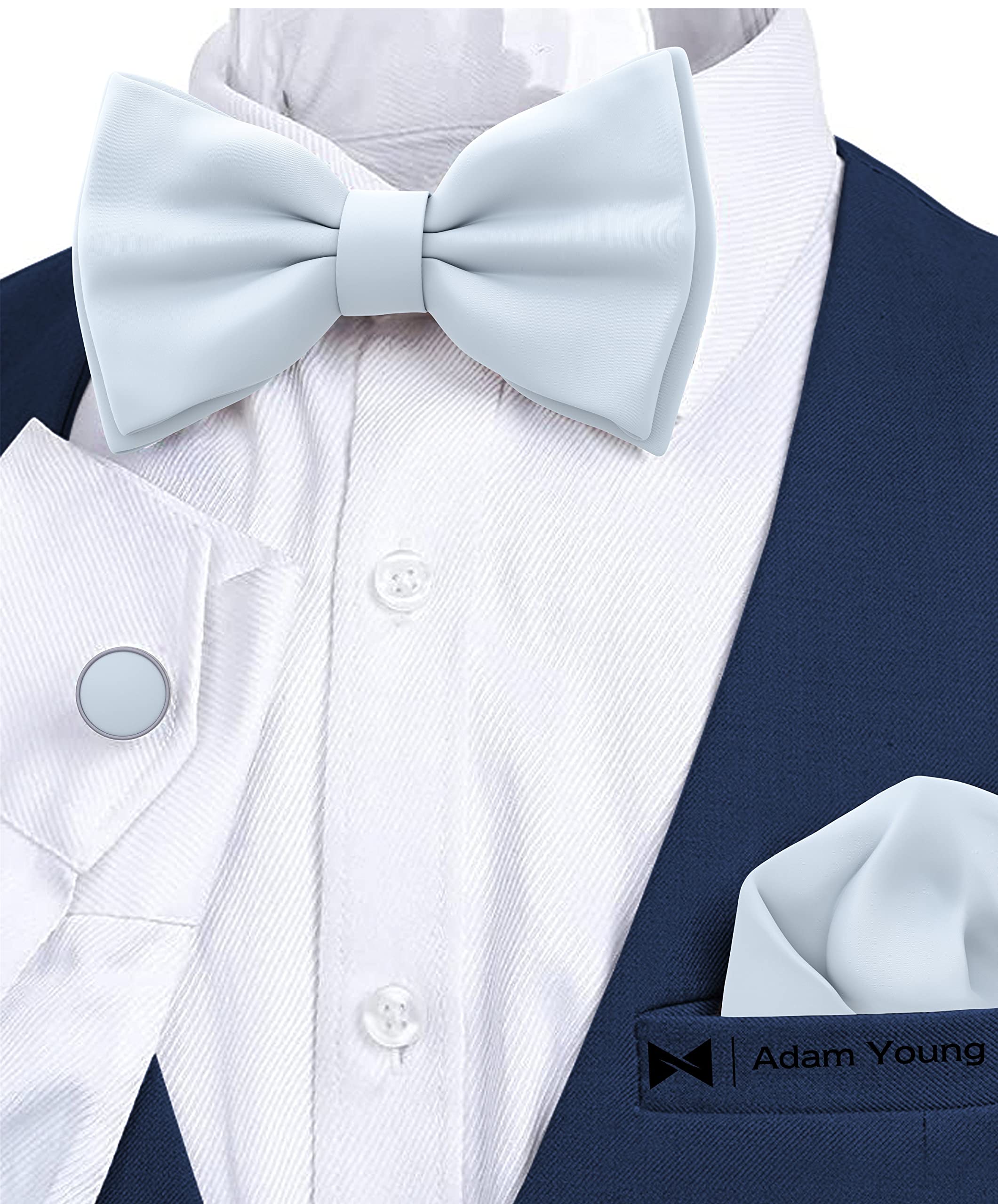 Adam Young Men's Bow Ties with Handkerchief & Cufflinks Pre-Tied Style Formal Satin Classic Bowtie for Tuxedo Faux Silk - Image 4